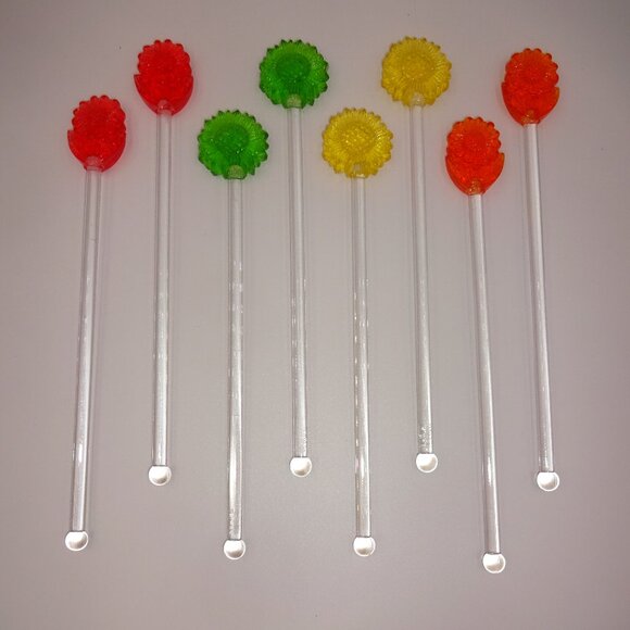 8 Vintage 1960s 1970s Drink Stirrers Flowers Sunflowers Yellow Green Red Taiwan - Picture 4 of 7